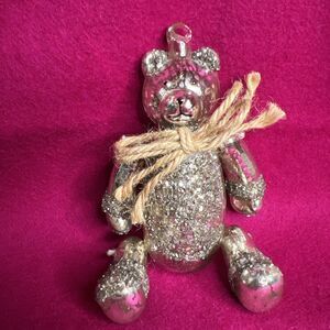 Blown Glass Articulated Teddy Bear Christmas Ornament Mercury Glass Silver